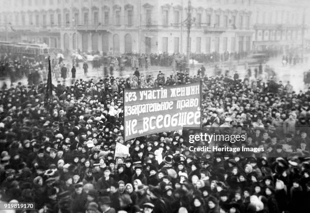 Women's Suffrage Demonstration on the Nevsky Prospect in Petrograd on March 8 1917. Found in the collection of Russian State Film and Photo Archive,...