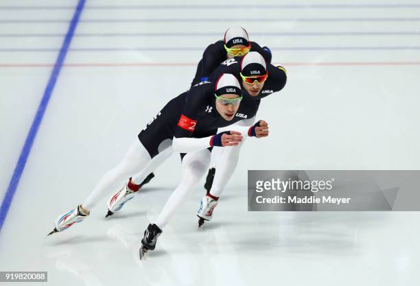 Brian Hansen, Emery Lehman and Joey Mantia of the United States compete during the Men's Team Pursuit Speed Skating Quarter Finals on day nine of the...