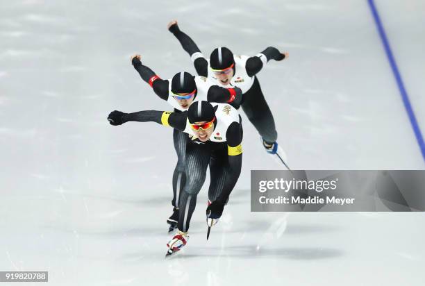 Seitaro Ichinohe, Shota Nakamura and Shane Williamson of Japan compete during the Men's Team Pursuit Speed Skating Quarter Finals on day nine of the...