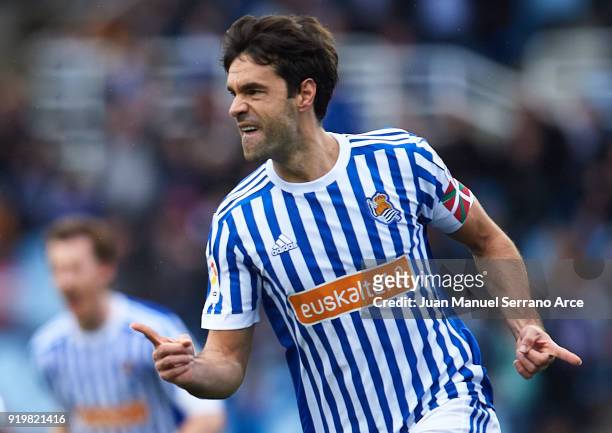 Xabier Prieto of Real Sociedad celebrates after scoring the first goal for Real Sociedad during the La Liga match between Real Sociedad and Levante...