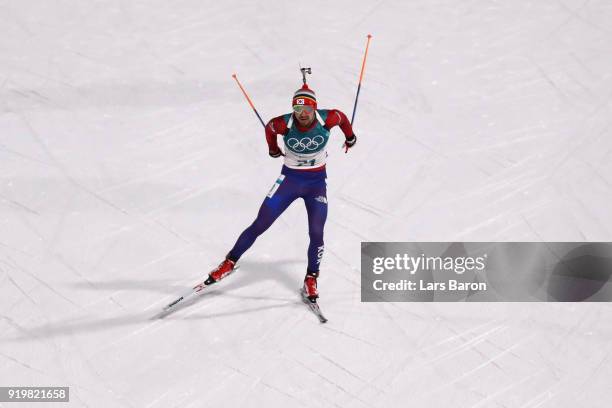 Timofei Lapshin of South Korea competes during the Men's 15km Mass Start Biathlon on day nine of the PyeongChang 2018 Winter Olympic Games at...