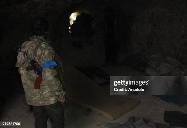 Members of Free Syrian Army search the newly found underground tunnels of PYD/PKK terrorists, within the "Operation Olive Branch" in Shadia village...