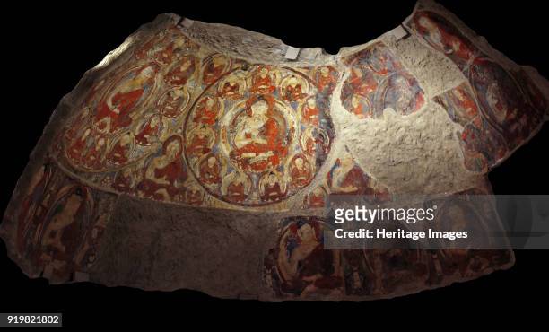 Fragment of the Fresco with Buddhas in the cupola of a grotto. From Kakrak , 7th-8th century. Found in the collection of Musée Guimet, Paris.