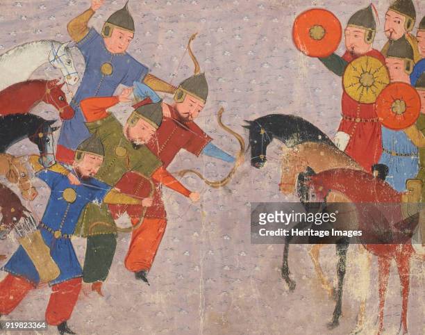 Battle between the Khwarezmian army and the Mongols. Miniature from Jami' al-tawarikh , ca 1430. Found in the collection of Bibliothèque Nationale de...