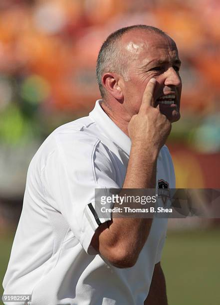 Head coach Dominic Kinnear of the Houston Dynamo tells the referee to open his eyes while the Dynamo play against the Los Angeles Galaxy at Robertson...