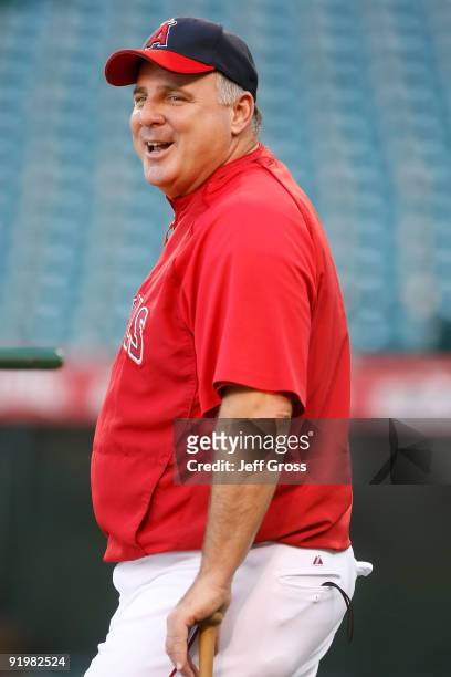 Los Angeles Angels of Anaheim manager Mike Scioscia looks on during an off-day workout part of the ALCS during the 2009 MLB Playoffs at Angel Stadium...