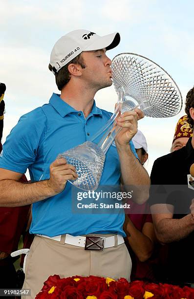 Martin Laird kisses the winner's trophy on the 18th green following a three man play-off during the final round of the Justin Timberlake Shriners...