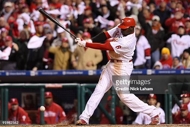 Ryan Howard hits into a fielder's choice against the Los Angeles Dodgers in Game Three of the NLCS during the 2009 MLB Playoffs at Citizens Bank Park...
