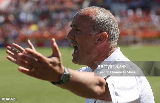 Head coach Dominic Kinnear of the Houston Dynamo yells at the referee while the Dynamo play against the Los Angeles Galaxy at Robertson Stadium on...