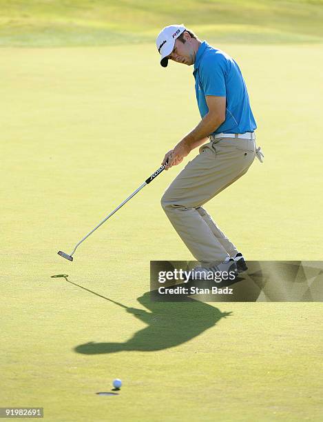 Martin Laird watches his putt on the 17th green during the final round of the Justin Timberlake Shriners Hospitals for Children Open held at TPC...