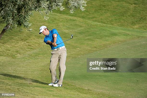 Martin Laird hits to the 18th green during the final round of the Justin Timberlake Shriners Hospitals for Children Open held at TPC Summerlin on...