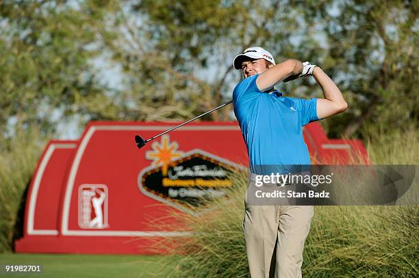 Martin Laird hits a drive from the 18th tee box during the final round of the Justin Timberlake Shriners Hospitals for Children Open held at TPC...