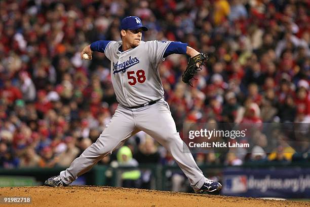 Chad Billingsley of the Los Angeles Dodgers pitches against the Philadelphia Phillies in Game Three of the NLCS during the 2009 MLB Playoffs at...