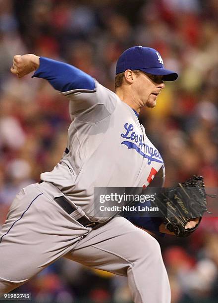 Chad Billingsley of the Los Angeles Dodgers pitches against the Philadelphia Phillies in Game Three of the NLCS during the 2009 MLB Playoffs at...