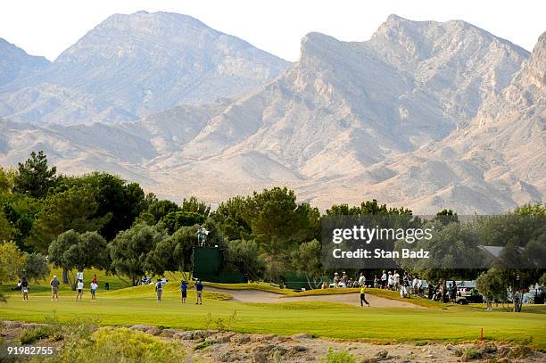 Hunter Mahan hits to the 18th green during the final round of the Justin Timberlake Shriners Hospitals for Children Open held at TPC Summerlin on...