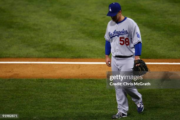 Chad Billingsley of the Los Angeles Dodgers walks off the field while playing the Philadelphia Phillies in Game Three of the NLCS during the 2009 MLB...