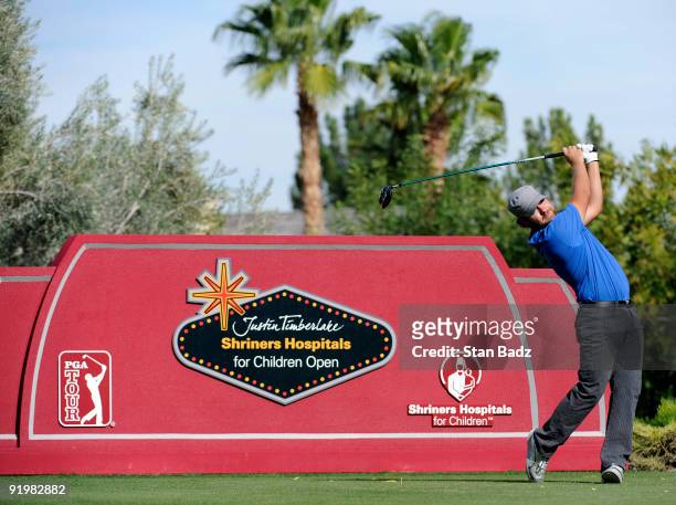 Ryan Moore hits a drive during the final round of the Justin Timberlake Shriners Hospitals for Children Open held at TPC Summerlin on October 18,...