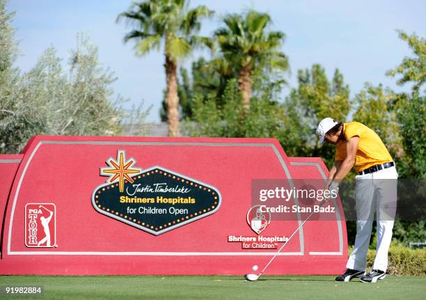 Rickie Fowler hits a drive during the final round of the Justin Timberlake Shriners Hospitals for Children Open held at TPC Summerlin on October 18,...