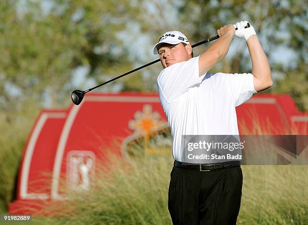 Chad Campbell hits a drive during the final round of the Justin Timberlake Shriners Hospitals for Children Open held at TPC Summerlin on October 18,...