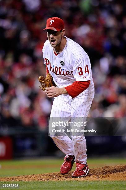 Cliff Lee of the Philadelphia Phillies reacts to a strike out against the Los Angeles Dodgers during Game Three of the NLCS during the 2009 MLB...