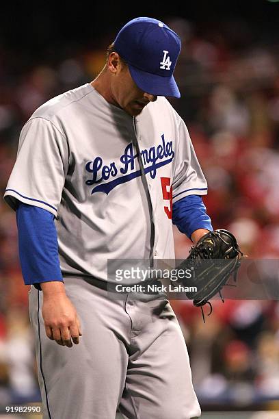Chad Billingsley of the Los Angeles Dodgers walks back to the dugout during their game against the Philadelphia Phillies in Game Three of the NLCS...