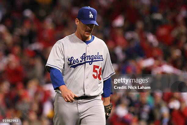 Chad Billingsley of the Los Angeles Dodgers walks back to the dugout during their game against the Philadelphia Phillies in Game Three of the NLCS...