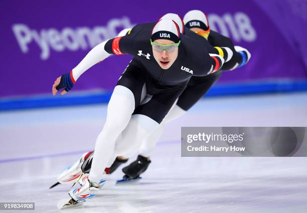 Brian Hansen, Emery Lehman and Joey Mantia of the United States compete during the Men's Team Pursuit Speed Skating Quarter Finals on day nine of the...