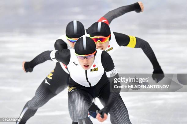 Japan's Shane Williamson leads his team in the men's team pursuit quarter-final speed skating event during the Pyeongchang 2018 Winter Olympic Games...