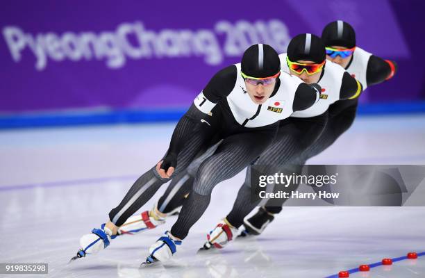 Shane Williamson, Seitaro Ichinohe and Shota Nakamura of Japan compete during the Men's Team Pursuit Speed Skating Quarter Finals on day nine of the...