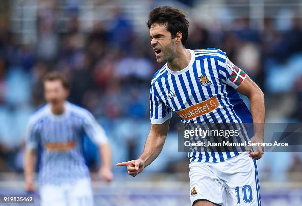 Xabier Prieto of Real Sociedad celebrates after scoring the first goal for Real Sociedad during the La Liga match between Real Sociedad and Levante...