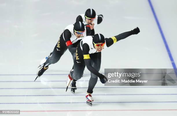 Seitaro Ichinohe, Shota Nakamura and Shane Williamson of Japan compete during the Men's Team Pursuit Speed Skating Quarter Finals on day nine of the...