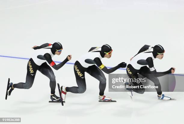 Shane Williamson, Seitaro Ichinohe and Shota Nakamura of Japan compete during theMen's Team Pursuit Speed Skating Quarter Finals on day nine of the...