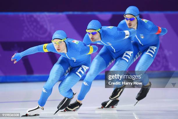 Nicola Tumolero, Andrea Giovannini and Riccardo Bugari of Italy compete during the Men's Team Pursuit Speed Skating Quarter Finals on day nine of the...