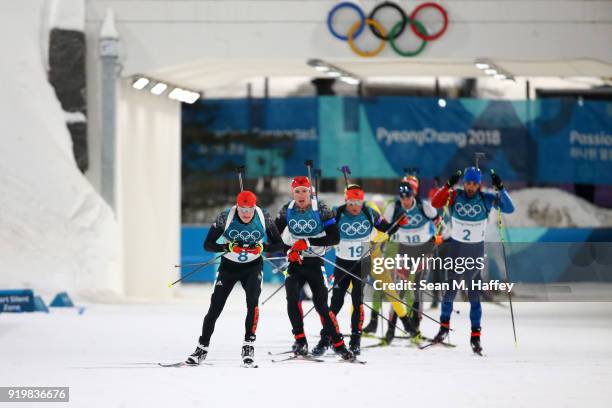 Benedikt Doll of Germany competes during the Men's 15km Mass Start Biathlon on day nine of the PyeongChang 2018 Winter Olympic Games at Alpensia...