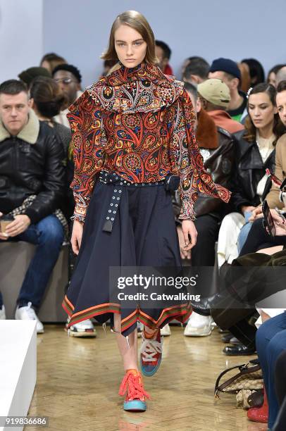 Model walks the runway at the J.W.Anderson Autumn Winter 2018 fashion show during London Fashion Week on February 17, 2018 in London, United Kingdom.