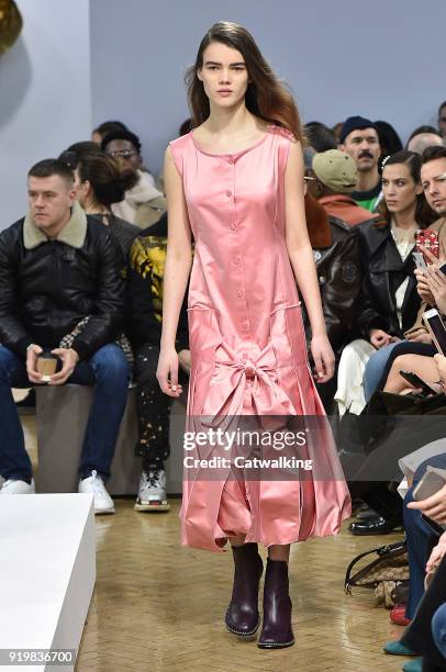 Model walks the runway at the J.W.Anderson Autumn Winter 2018 fashion show during London Fashion Week on February 17, 2018 in London, United Kingdom.