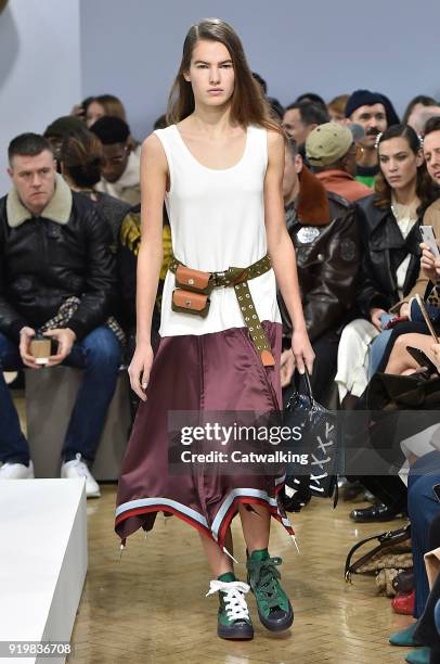 Model walks the runway at the J.W.Anderson Autumn Winter 2018 fashion show during London Fashion Week on February 17, 2018 in London, United Kingdom.