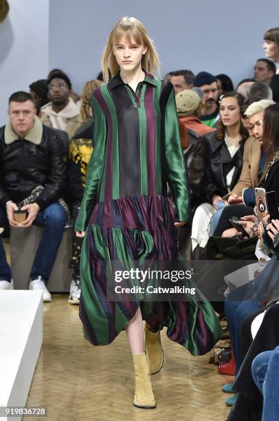 Model walks the runway at the J.W.Anderson Autumn Winter 2018 fashion show during London Fashion Week on February 17, 2018 in London, United Kingdom.