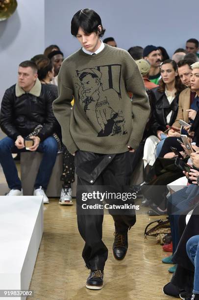 Model walks the runway at the J.W.Anderson Autumn Winter 2018 fashion show during London Fashion Week on February 17, 2018 in London, United Kingdom.