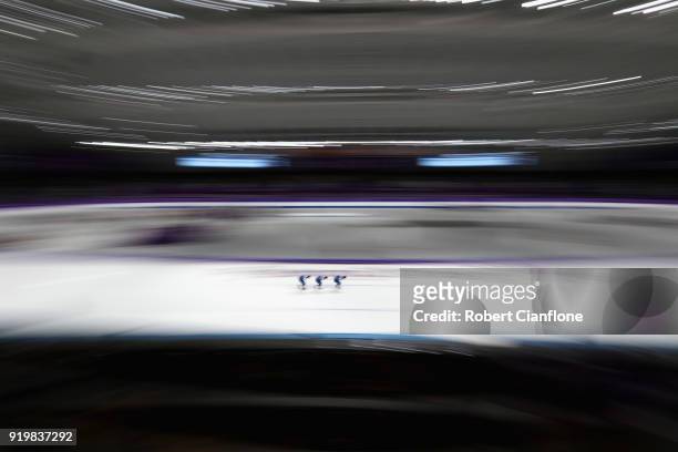 Min Seok Kim, Jae Won Chung and Seung-Hoon Lee of Korea compete during the Men's Team Pursuit Speed Skating Quarter Finals on day nine of the...
