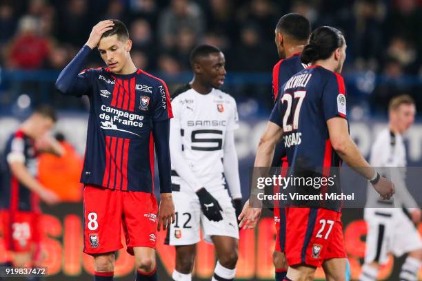 Stef Peeters of Caen looks dejected during the Ligue 1 match between SM Caen and Stade Rennes at Stade Michel D'Ornano on February 17, 2018 in Caen, .