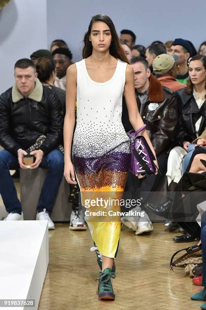 Model walks the runway at the J.W.Anderson Autumn Winter 2018 fashion show during London Fashion Week on February 17, 2018 in London, United Kingdom.