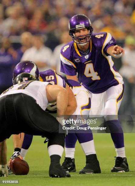 Quarterback Brett Favre of the Minnesota Vikings directs the offense against the Baltimore Ravens during NFL action at Hubert H. Humphrey Metrodome...