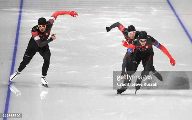 Pyeongchang- FEBRUARY 18 - Team Canada, Jordan Belchos, white armband, Ted-Jan Bloemen, red armband and Denny Morrison, blue armband, start in the...