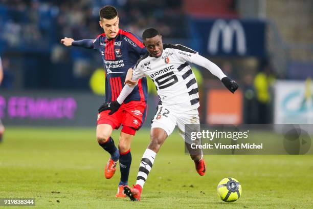 James Edward Lea Siliki of Rennes and Stef Peeters of Caen during the Ligue 1 match between SM Caen and Stade Rennes at Stade Michel D'Ornano on...