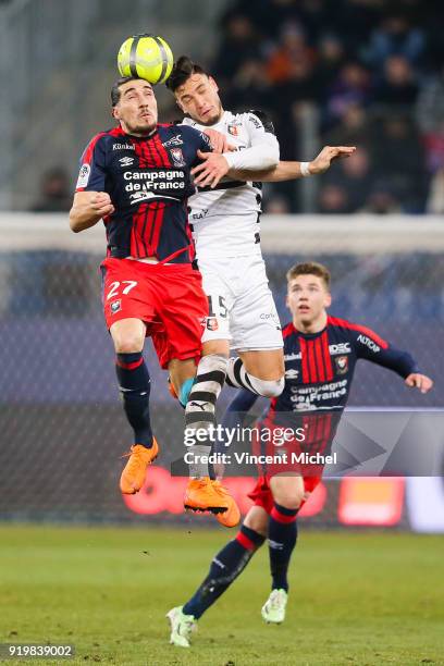 Enzo Crivelli of Caen and Rami Bensebaini of Rennes during the Ligue 1 match between SM Caen and Stade Rennes at Stade Michel D'Ornano on February...