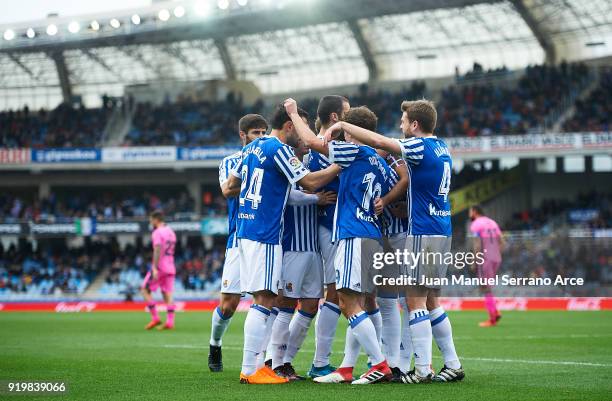 Xabier Prieto of Real Sociedad celebrates after scoring the first goal for Real Sociedad with his team mates during the La Liga match between Real...
