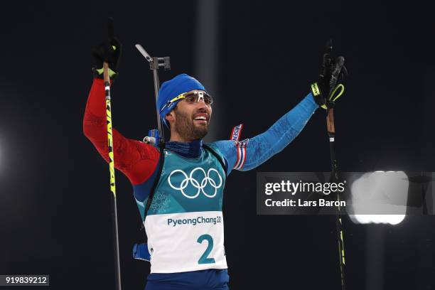 Martin Fourcade of France celebrates winning the gold medal during the Men's 15km Mass Start Biathlon on day nine of the PyeongChang 2018 Winter...