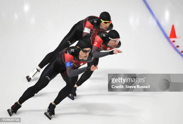 Pyeongchang- FEBRUARY 18 - Team Canada, Jordan Belchos, white armband, Ted-Jan Bloemen, red armband and Denny Morrison, blue armband, compete in the...
