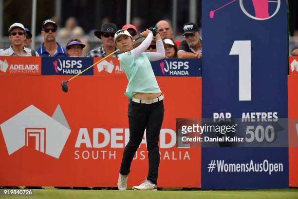 Lydia Ko of New Zealand tees off on the first hole during day four of the ISPS Handa Australian Women's Open at Kooyonga Golf Club on February 18,...